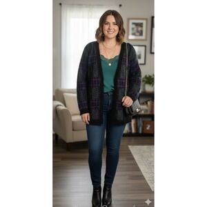 Vintage 90s Susan Bristol Mohair Wool Plaid Fuzzy Oversized Sweater Womens Large